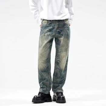 הוואי החג עיצוב עלים נופלים גרפי ג ' ינס לאדם לשחרר להתאים רגליים ישרות כותנה מכנסיים רחבים