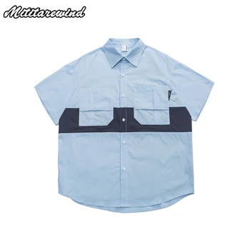 משולבים מזויף שני חלקים הקיץ החולצות של גברים Turn-למטה צווארון חולצות כחול גדול Porkets עיצוב חופשי מזדמנים צמרות נוער אביזרי
