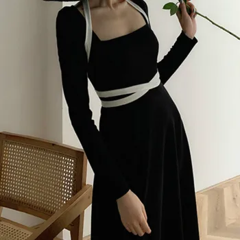 חדש לנשים סתיו שחור אלגנטי שמלה החורף משרד ליידי צרפתית התחבושת הצווארון המרובע אופנה אחת-חתיכה מוצקה המפלגה שמלת מקסי
