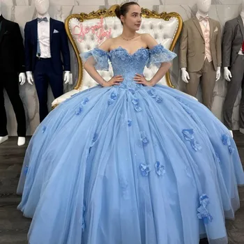 שמיים כחולים נוצצים הנסיכה הטקס השמלה כתף שמלת נשף 3DFlower חרוזים ילדה ההולדת ה-16 שמלת Vestidos דה-15