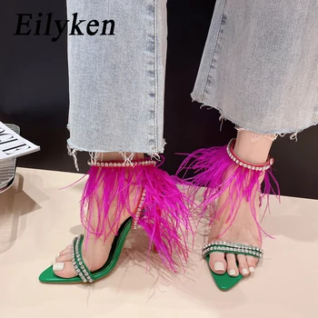 Eilyken קיץ האופנה ריינסטון נוצה נשים סנדלים אבזם רצועה סקסית מחודד בוהן פתוח בנות דק עקבים נעליים