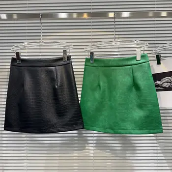 2023 סתיו עור Pu קו חצאית מיני ירוק שחור קצר עטוף היפ חצאית