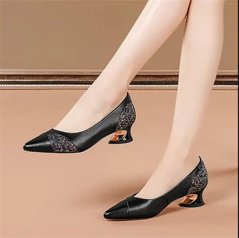 Sapatos Femininas נשים חמוד הבוהן מחודד שחור מעור אביב להחליק על כיכר נעלי עקב הגברת מזדמנים נוחות משאבות E1205