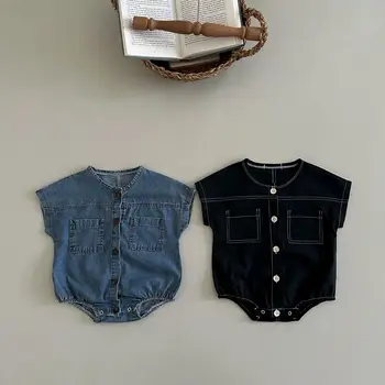 2023 הקיץ הקוריאני בייבי בנים ג ' ינס רומפר כותנה תינוק שרוול קצר רופף בגד גוף ילדות חלק אחד סרבל תינוק בגדים