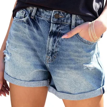 קיץ גבירותיי אלסטי אמצע המותן מכנסי ג ' ינס קצרים קרועים