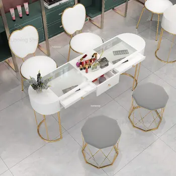 נורדי ברזל, זכוכית, מסמר שולחנות סלון יופי מקצועי מניקור שולחן סלון מודרני ריהוט יוקרה כפול מסמר שולחן כסא