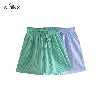 SLTNX אופנה כחול עם פסים של נשים מכנסיים קצרים 2023 הקיץ גבוהה המותניים מיני מזדמן קצרות בנות שיק אלגנטי תחרה מכנסיים כחולים