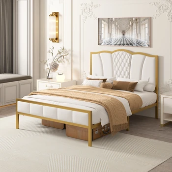מסגרת המיטה, מודרני מיטה מרופדים מסגרת עם המיטה המצויץ, זהב מתכת פלטפורמה למיטה מסגרת עץ עם מיגון תמיכה